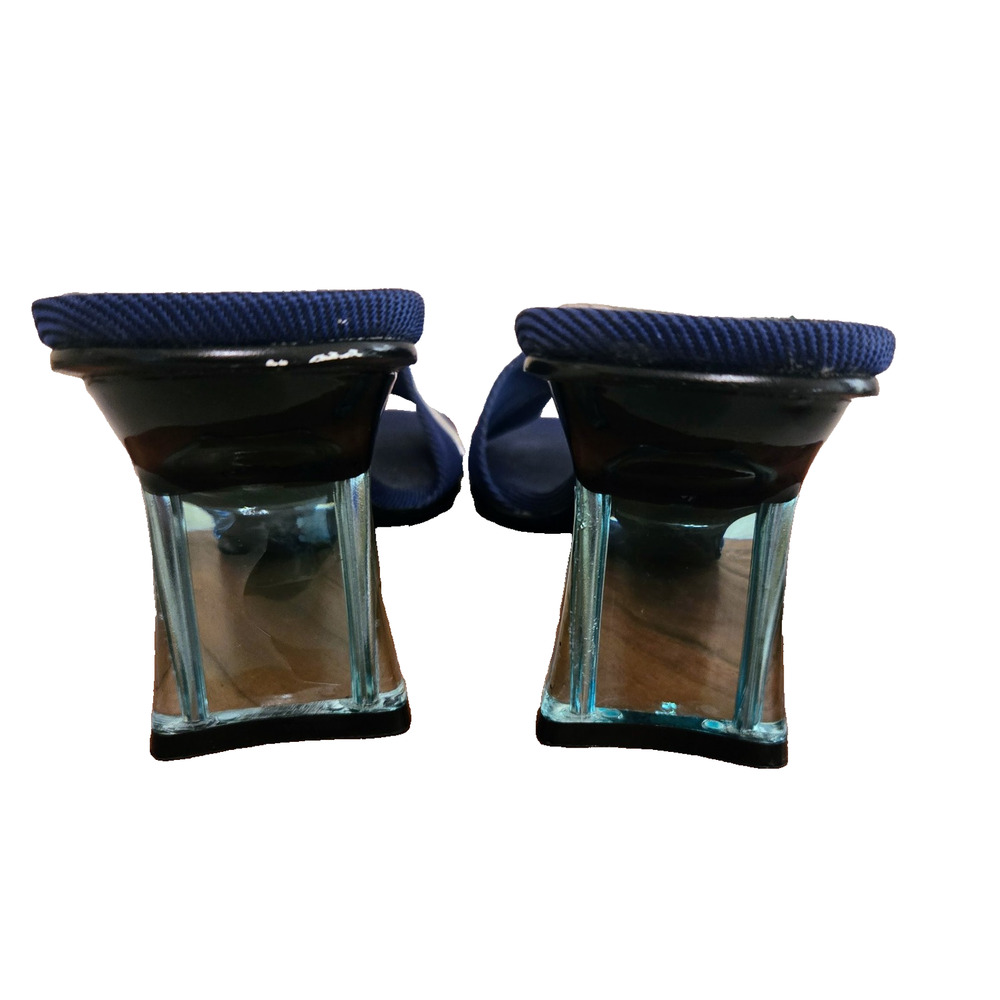 Fabric Slip on Mules Shoes with Blue Lucite heel. 6 - Picture 4 of 8